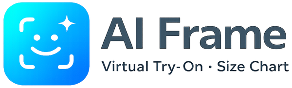 A digital graphic with a blue gradient icon of a face inside a try-on frame next to the text 'AI Frame' and 'Virtual Try-On • Size Chart' on a plain white background.
